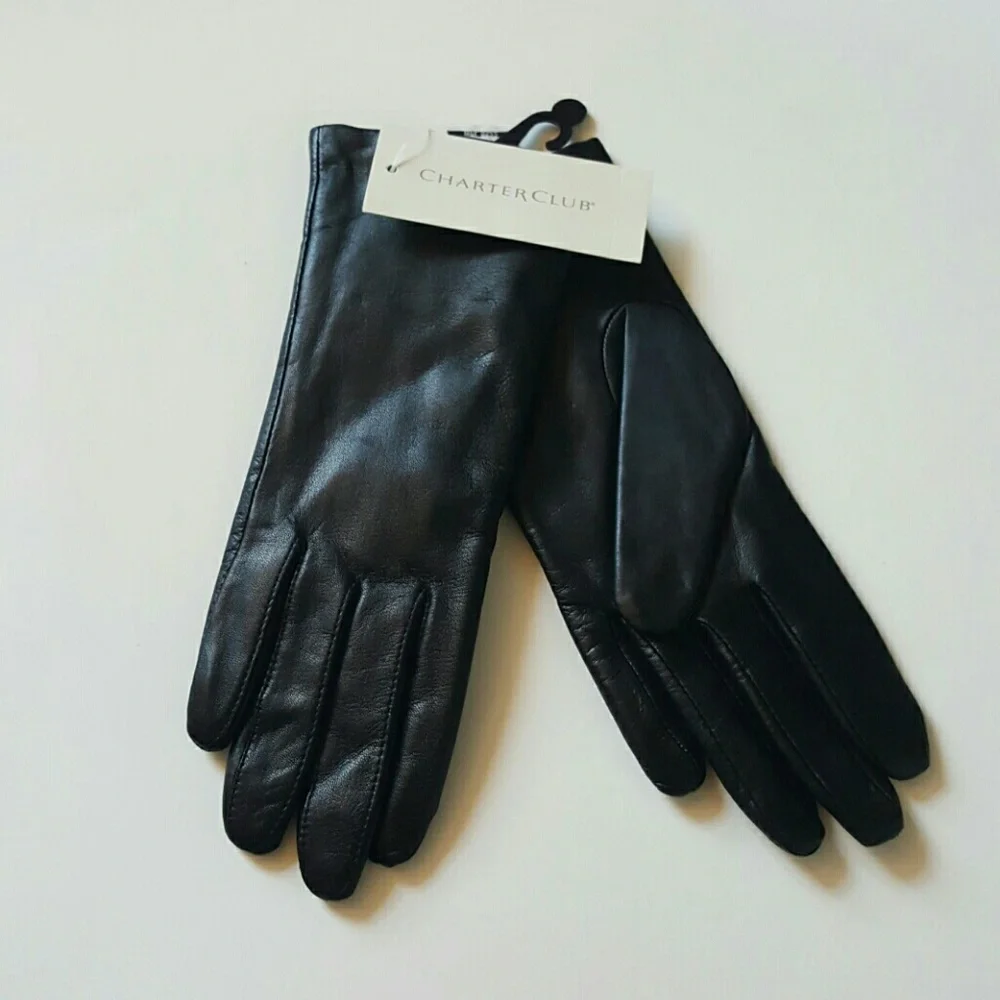 Charter Club women black gloves leather warm size M New